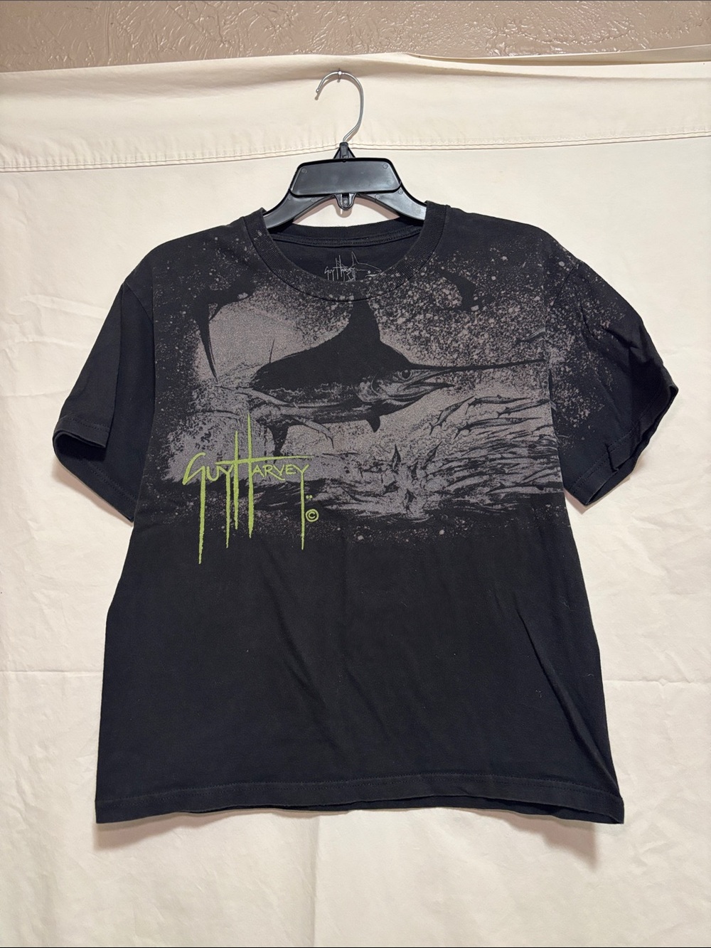 Guy Harvey Black Tee with Gray Ocean Graphic and Green Logo Youth Medium